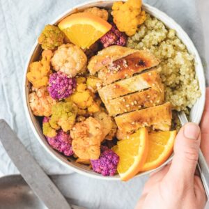 couve flor com laranja, quinoa e frango grelhado - fit , sem gorduras