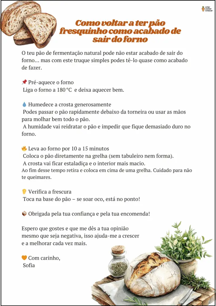 Imagem com passo a passo de como voltar a ter pão fresquinho como acabado de cozinhar. Serve para pão de fermentação natural ou outros.